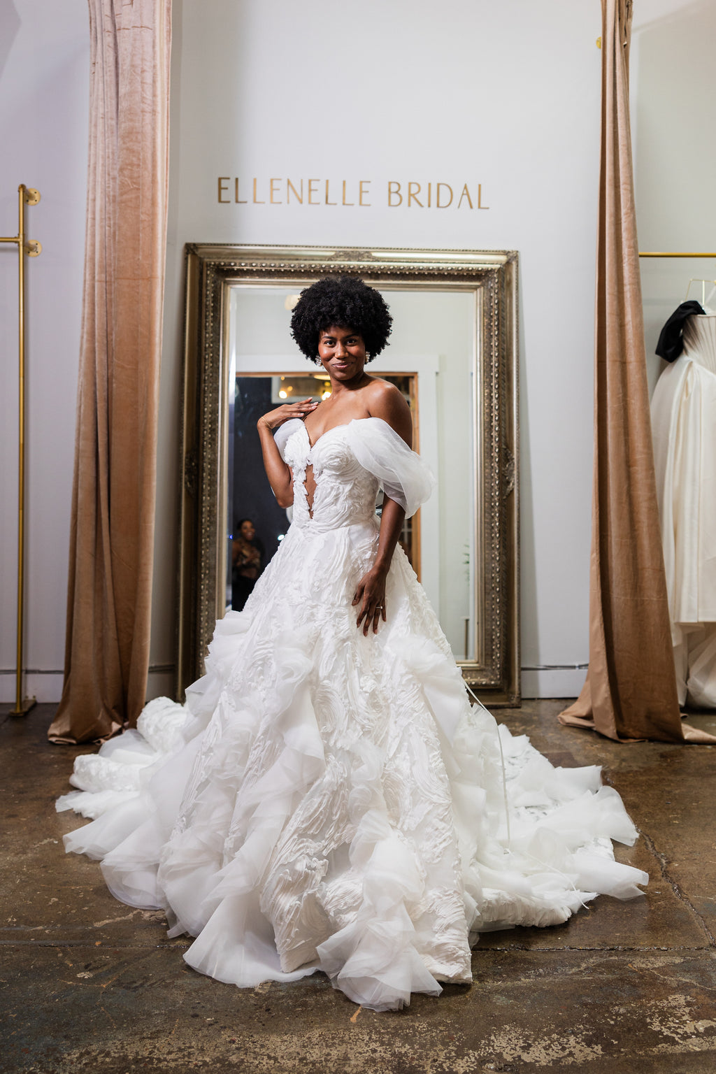 Ellenelle Bridal Swan Gown Textured Ball Gown, Sweetheart Neckline, Whimsical Sleeves, Ruffles, Volume 