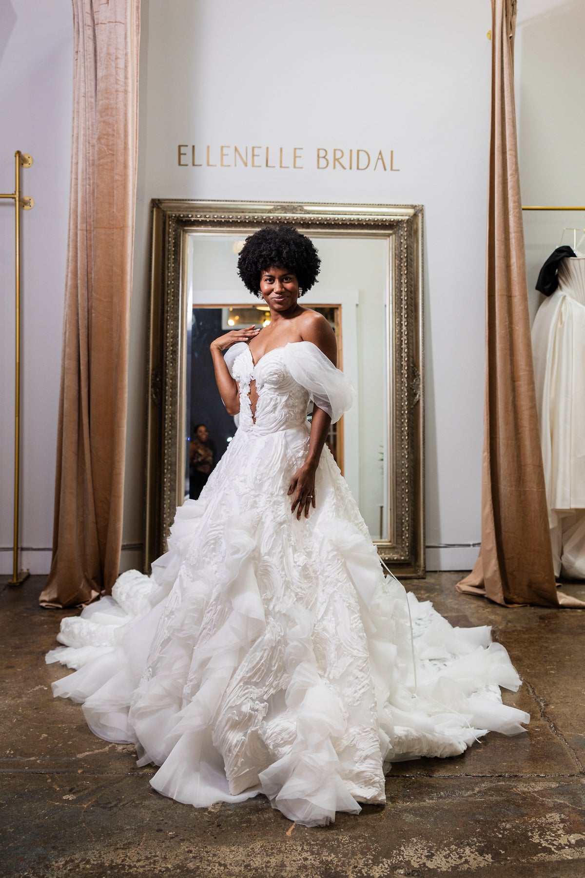 Ellenelle Bridal Swan Gown Textured Ball Gown, Sweetheart Neckline, Whimsical Sleeves, Ruffles, Volume 